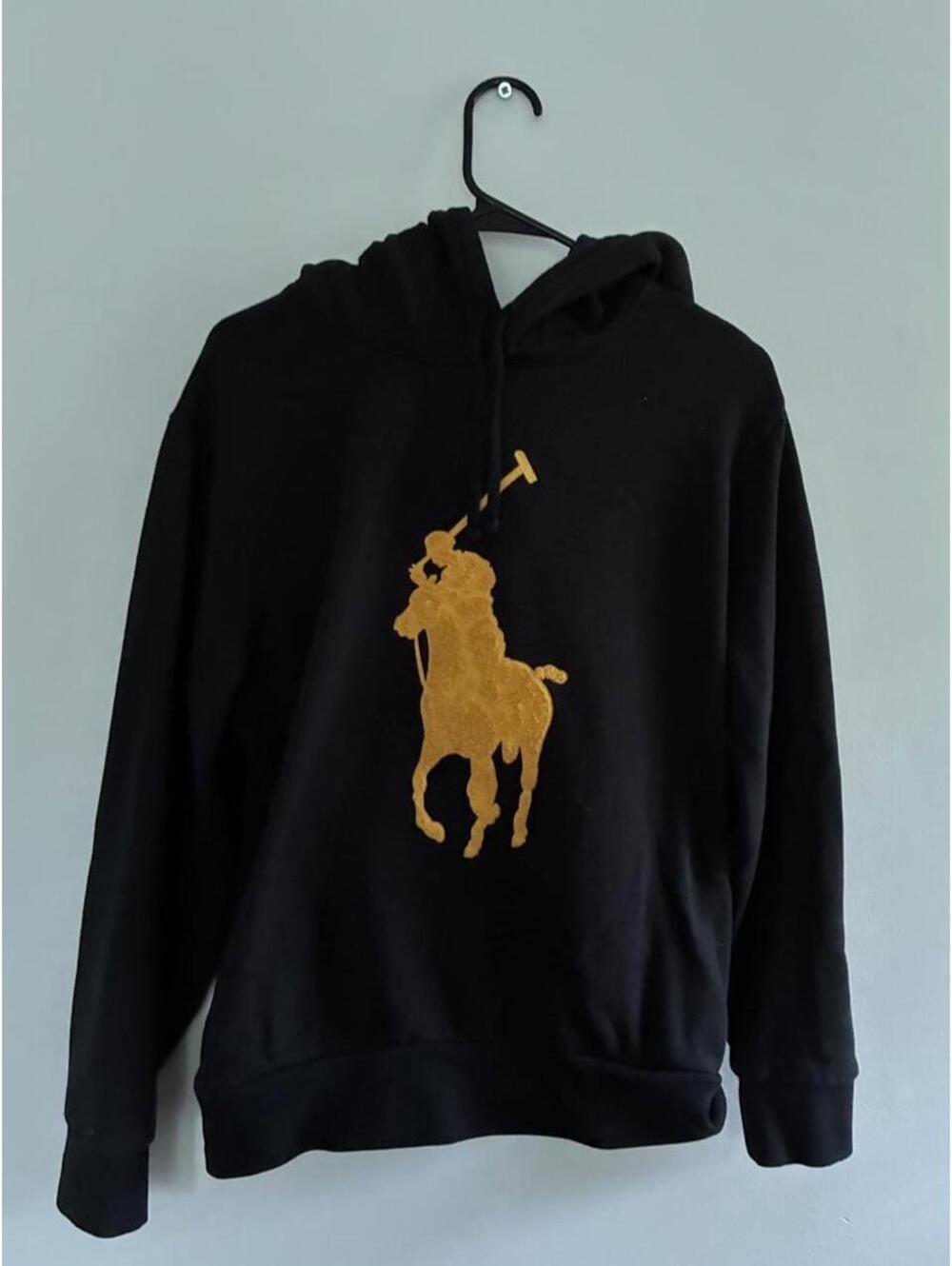 Polo Ralph Lauren Men's Black Hoodie with Gold Polo Logo and Plaid Lined Hood, M